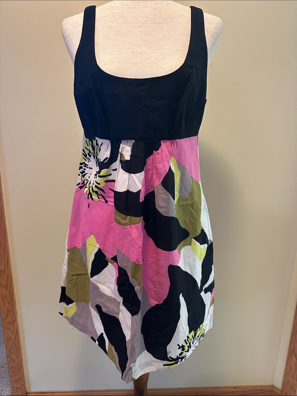 Trina Turk Black Bodice Floral Mini Dress with Pink and Olive Print